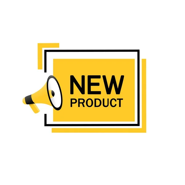 新製品バナーデザイン バッジアイコン メガフォン 白い背景のベクトルイラスト — ストックベクタ