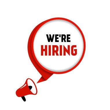 Pankart tasarımı megafonu kiralıyoruz. Takımımıza katıl. Düz vektör illüstrasyonu.