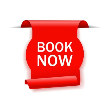 Kitap şimdi sancak vektör şablonu. Pansiyondaki oda ya da yatak kavramı, depo. Düz etiket tasarımı.