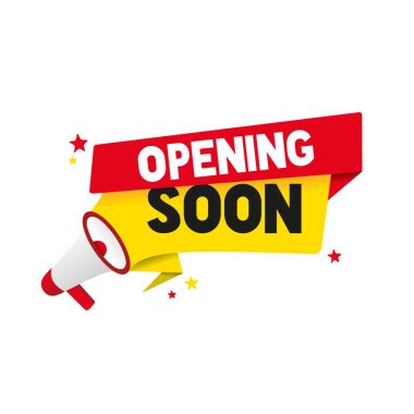 Yakında pankart vektörü açılıyor. Rozet simgesini sakla. İş konsepti tasarımı.