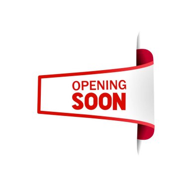Yakında pankart tasarımı açılıyor. Yeni Ürün ya da Mağaza Açılışı duyurusu. Tanıtım veya duyuru etiket vektörü.