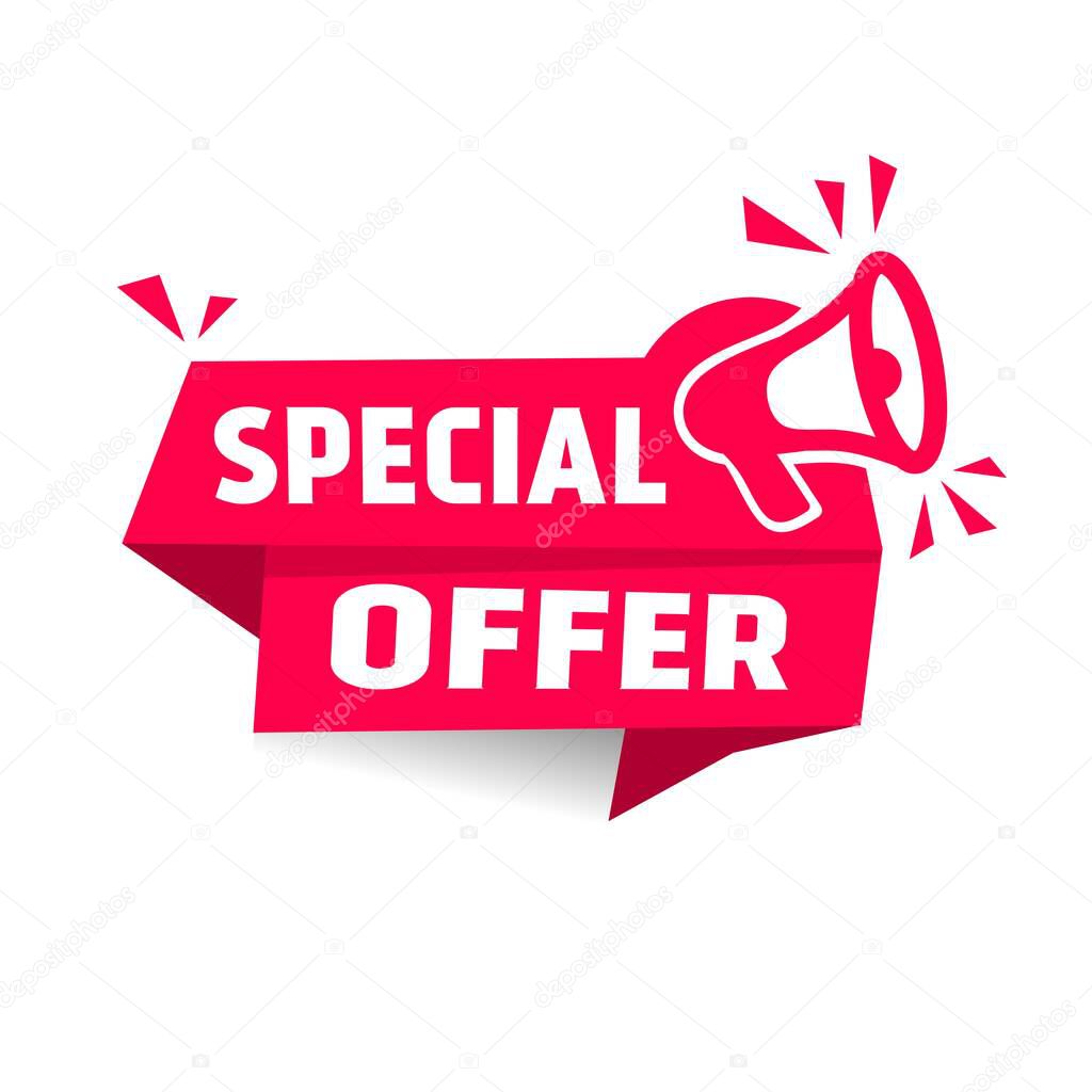 Special offer banner template - label, icon with megaphone. Flat design. Vector illustration.