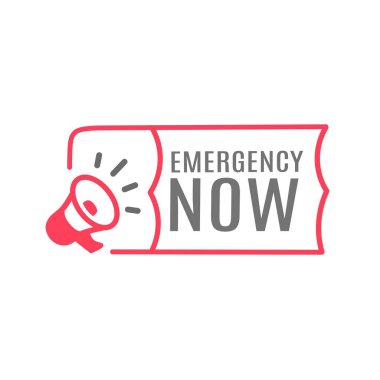 Emergency now badge icon with megaphone design. Flat style vector illustration announcement design element.