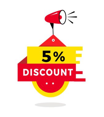 % 5 indirimli etiket tasarımı ve megafon. Özel tasarım için pankart. Düz biçim vektör ögesi.
