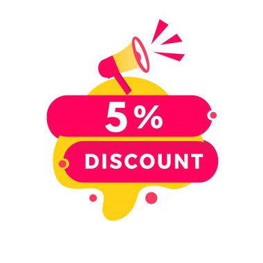 % 5 indirimli pankart, megafonlu modern etiket tasarımı. Market rozeti ya da iş ilanı. Düz biçim vektör çizimi tasarımı.