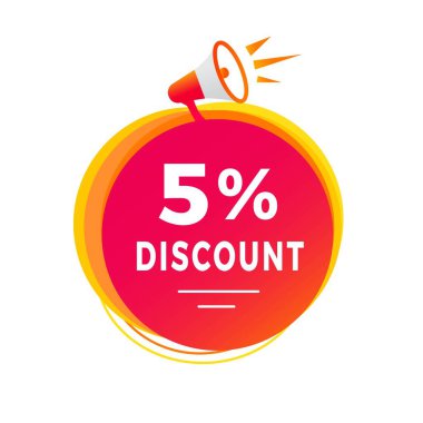 % 5 indirimli pankart, modern etiket tasarımı. Market rozeti ikonu ya da reklamını teklif et. Düz biçim vektör illüstrasyonu.