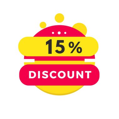 Yüzde 15 indirim afişi, modern etiket tasarımı satış duyurusu için. Mağaza rozeti ikonu, reklam, iş. vektör sanatı.