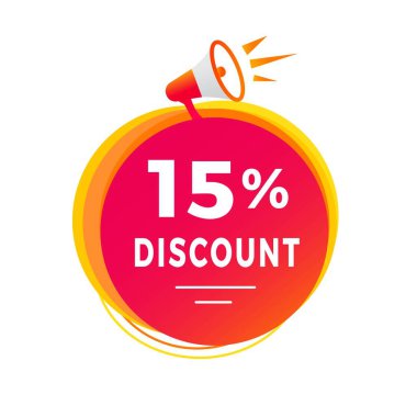 Yüzde 15 indirimli pankart, megafonla modern etiket tasarımı. Market rozeti ikonu ya da reklamını teklif et. vektör tasarımı ögesi.
