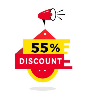 Yüzde 55 indirim, megafonlu etiket tasarımı. Reklam, iş ve pazarlama için indirimli reklam duyurusu. vektör sanatı.