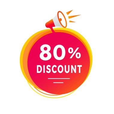 % 80 indirimli etiket tasarımı ve megafon ikonu. Reklam ve iş için indirimli reklam duyurusu. vektör şablonu.