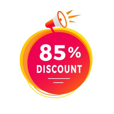% 85 indirimli etiket tasarımı ve megafon ikonu. Reklam için indirimli reklam duyurusu. Modern biçim vektör şablonu.