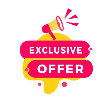 exclusive offer banner design red label icon megaphone. modern style Vector isolated template on white background.