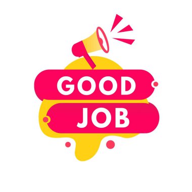 İyi bir afiş şablonu, modern megafon tasarımlı kırmızı etiket. Beyaz arkaplanda vektör şablonu.