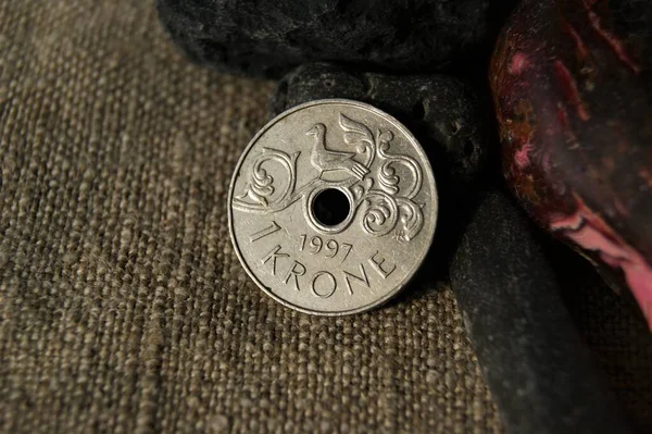 Krone Harald 1997 Όπισθεν Νορβηγικό Νόμισμα Και Πέτρες Φυσικό Λινό Εικόνα Αρχείου