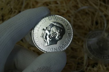 Numismatist 'in elinde gümüş para. Gümüş para 2 pound Kral III. Charles. İngiliz gümüş yatırım paraları.