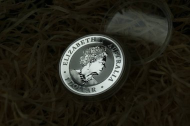 Üzerinde Kraliçe resmi olan bir kapsülde gümüş Avustralya doları. Saf gümüş bir yatırım parası..