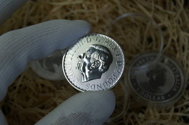 Bir nümismatistin elinde gümüş bir İngiliz sikkesi