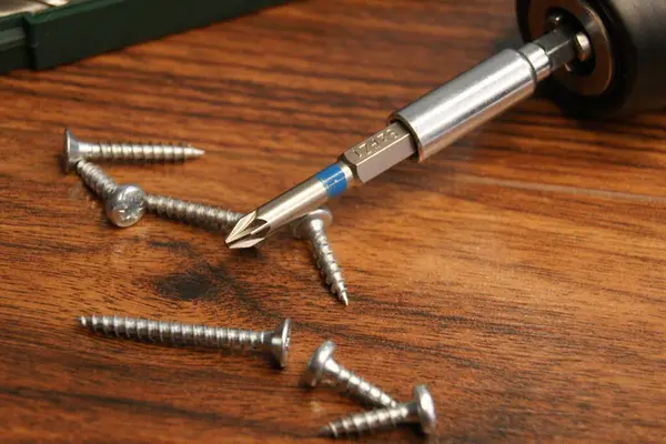 Tornavida ısırığı ve metal vidalar koyu masa üstünde, yakın çekim