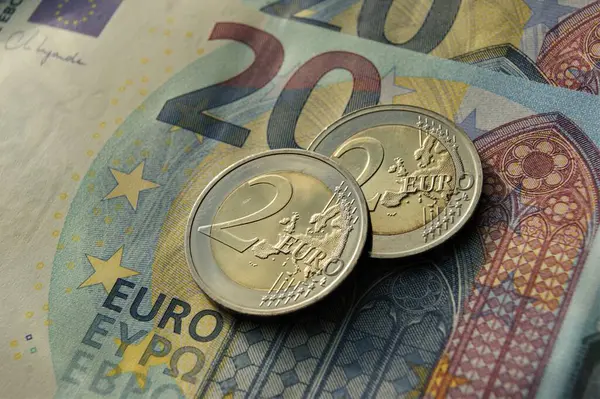 20 avroluk banknotlara 2 avro. Avro Bölgesi para birimi.