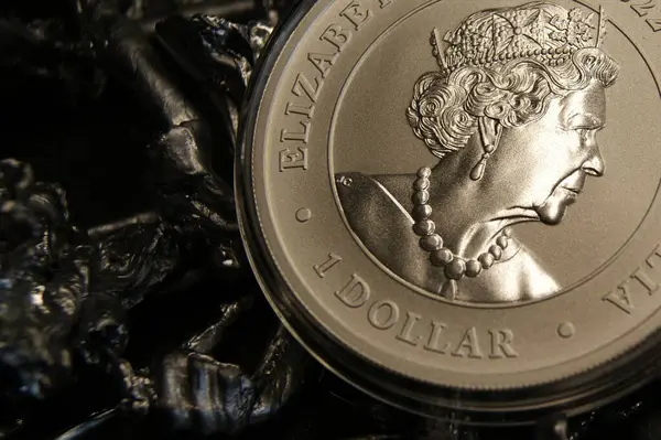 1 Dollar Elizabeth II. Australian silver coin in capsule, close-up. Numismatics and Investments.