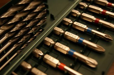 Yeni matkap seti, yeni bit seti, yakın plan.