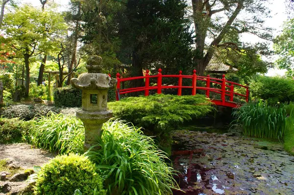 Japon bahçesindeki gölün yanında geleneksel Japon feneri..