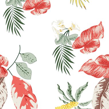 Tropikal bitkiler, çiçekler, palmiye ağaçları ile kusursuz bir arkaplan.