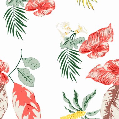 Palmiye yaprakları, canavarlar, canavarlar ve amber çiçekleri ile tropik, pürüzsüz desenler.