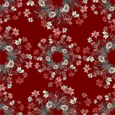 Koyu bir arka planda kusursuz kırmızı çiçek deseni. vektör illüstrasyonu.