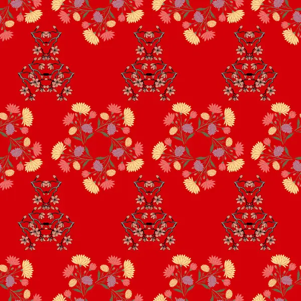 Kırmızı çiçekli ve yapraklı kusursuz desen, vektör illüstrasyonu.