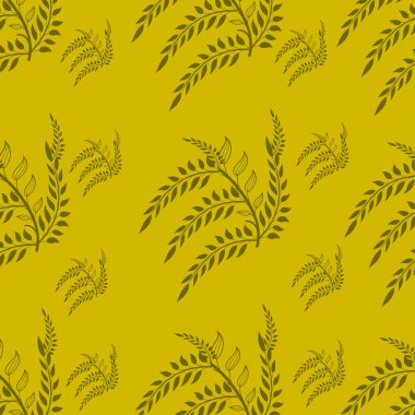 Elle çizilmiş yapraklar ve çiçeklerle kusursuz desen. Tekstil ve kumaşların botanik geçmişi. kağıt, ambalaj, ambalaj, kumaş, duvar kağıdı.