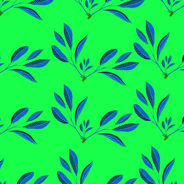 Mavi arka planda yeşil yaprakların kusursuz deseni