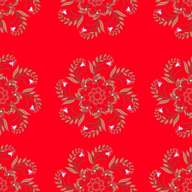Kırmızı zemin üzerinde kar taneleri ve vektör illüstrasyonuyla kusursuz çiçek deseni