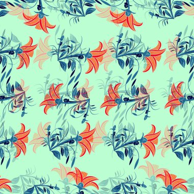 Tropik çiçeklerle kusursuz desen, vektör illüstrasyonu