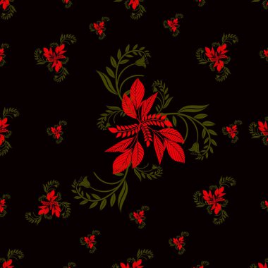 Kırmızı noktalı yıldız desenleri ve el çizimi kar taneleriyle siyah zemin üzerinde noel ağacı dalları. vektör illüstrasyonu.