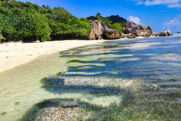 Πανέμορφη Άμμος Του Παγκοσμίου Φήμης Anse Source Argent Παραλία Στο — Φωτογραφία Αρχείου