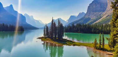Dünyaca ünlü ve Iconic Spirit Adası Kanada kayalıklarında Jasper Ulusal Parkı 'ndaki Maligne Gölü' nde Stoney Nakoda için kutsal bir yerdir.