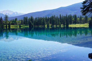 Kanada Kayalıklarında Jasper yakınlarında Beauvert Gölü 'nün şeffaf mavi suları