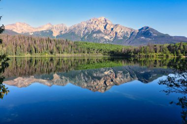 Piramit Dağı sabahın erken saatlerinde Kanada kayalıklarında Jasper yakınlarındaki Patricia Gölü 'nün sersemletici suları gibi camdan yansıdı.