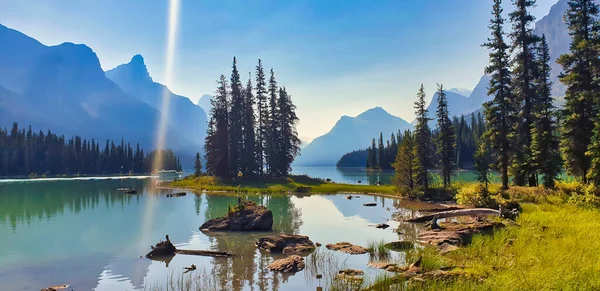 stock image World famous and Iconic Spirit Island  a holy place for the Stoney Nakoda First nation  on Maligne Lake in Jasper National Park in the Canada rockies