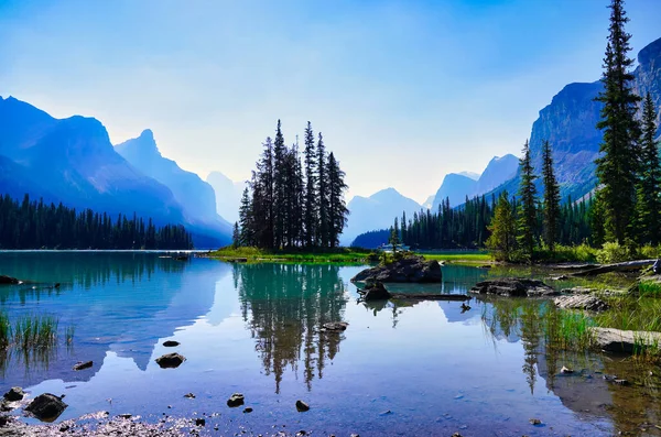 stock image World famous and Iconic Spirit Island  a holy place for the Stoney Nakoda First nation  on Maligne Lake in Jasper National Park in the Canada rockies