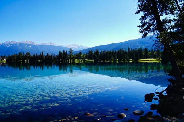 Eaux Bleues Transparentes Verglacées Lac Beauvert Près Jasper Dans Les — Photo