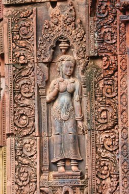 Khmer Apsara bas ferahlığı Banteay Srei 'de, 10. yüzyıl Hindu tapınağı Siem Reap, Kamboçya, Asya' da bir Khmer başyapıtı