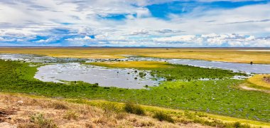 Kenya 'daki Amboseli Milli Parkı' ndaki Amboseli Tepesi 'nin tepesinden sonsuz manzaralar ve parlak mavi gökyüzü...