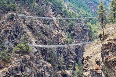 Ünlü çok katlı Hillary Çelik Köprüsü, Nepal 'deki Everest Kampı yürüyüşü sırasında Namche Çarşısı' na yaklaşan Dudh Kosi köprüsünü kapsar.