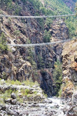 Ünlü çok katlı Hillary Çelik Köprüsü, Nepal 'deki Everest Kampı yürüyüşü sırasında Namche Çarşısı' na yaklaşan Dudh Kosi köprüsünü kapsar.