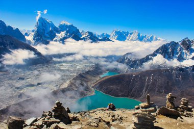 Breath taking view of great Himalayan ranges with Cholatse, Taboche over the Gokyo lakes and Ngozumpa glacier in this stunning panorama from Gokyo Ri summit in Nepal clipart
