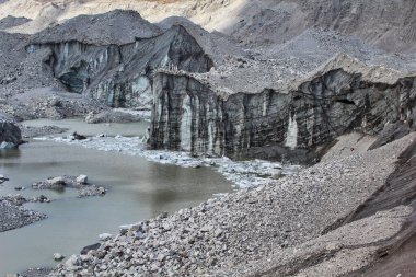 Melt pools inside the Ngozumpa Glacier, Nepal's largest glacier with massive debris, stone, ice and clay deposits flowing from Mount Cho Oyu and giving rise to the Dudh Kosi river in Nepal clipart