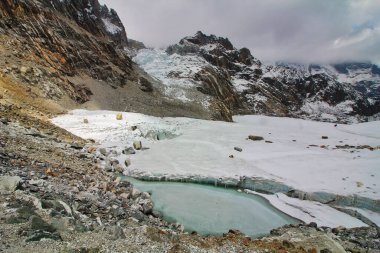 Cho La 'nın eteğindeki buzullar Cholatse Dağı' nın eteklerinde 5400 metre yükseklikte Khumbu Vadisi 'ndeki Dzonghla köyüne doğru ilerliyorlar.
