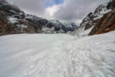 Cho La 'nın eteğindeki buzullar Cholatse Dağı' nın eteklerinde 5400 metre yükseklikte Khumbu Vadisi 'ndeki Dzonghla köyüne doğru ilerliyorlar.